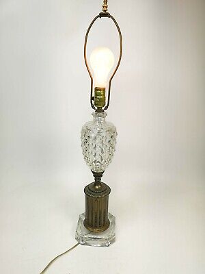 Vintage Table Lamp Round Crystal Cut Art Deco Ornate with Brass Base
