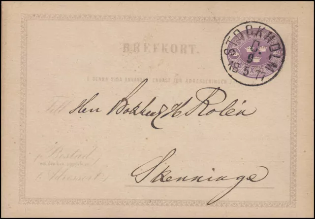 Postkarte P 1D BREFKORT 6 Öre, STOCKHOLM 9.5.1877