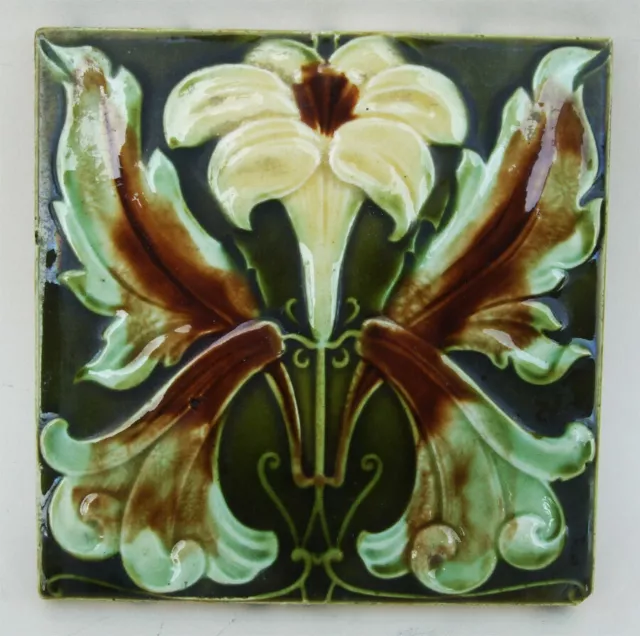 Original Corn Brothers  6" x 6" Antique High Relief Majolica Art Nouveau Tile