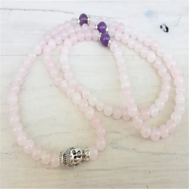 6mm Pink Crystal 108 Beads Silver Buddha Head Mala Bracelet Handmade Fancy Reiki