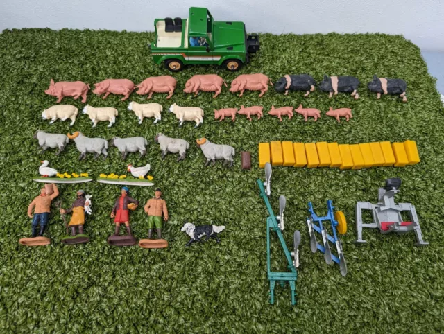 Vintage Britains Farm Bundle Land Rover Pigs Sheep Hay Farmers Ploughs Dog Etc