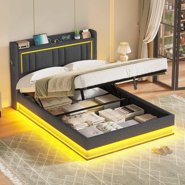 BETT MIT LED Beleuchtung Hydraulisches Bett 140x200 cm Polsterbett ...