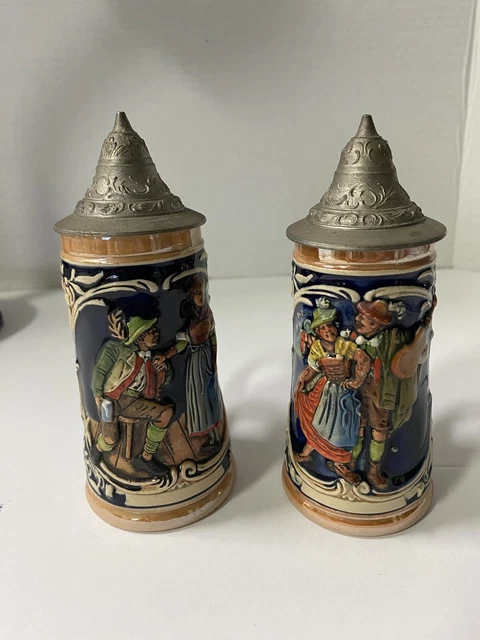 VINTAGE West Germany 6” Beer Steins With Flip Top Lids Set Of 2