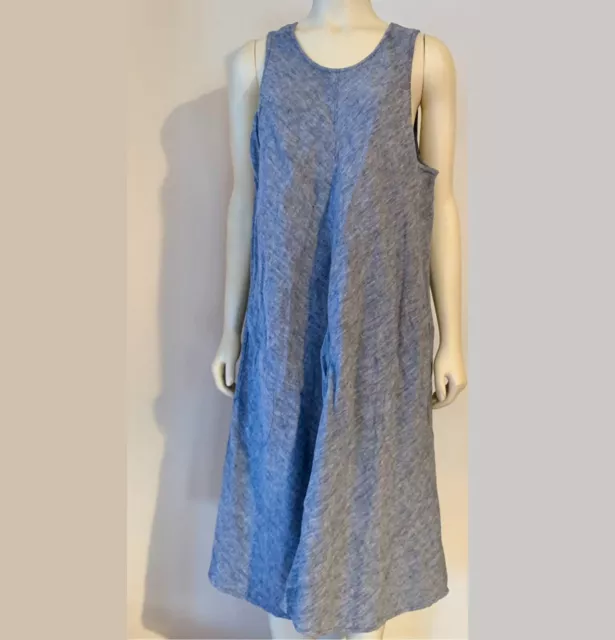 Lands End Blue Chambray Linen Swing A-LIne Dress XL 14-16 Beach Coastal POCKETS