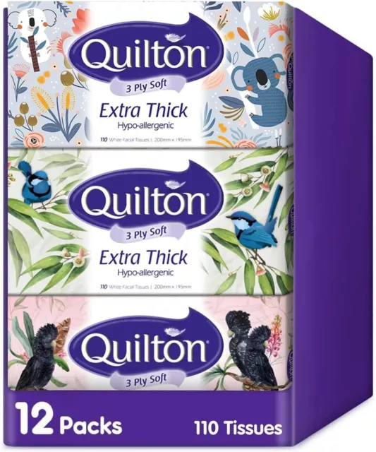 Quilton 3 Ply Extra Thick Facial Tissues (Hypo-allergenic, 110 Sheets Per Box 12