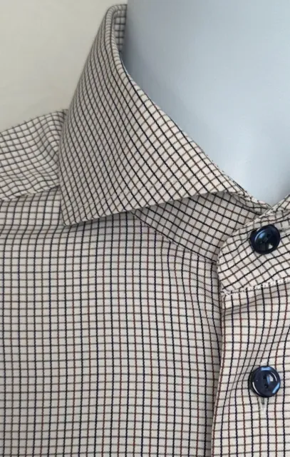 ETON Men’s Button-down Dress Shirt, Slim Fit, Size 16, Tan & Navy/Brown Check