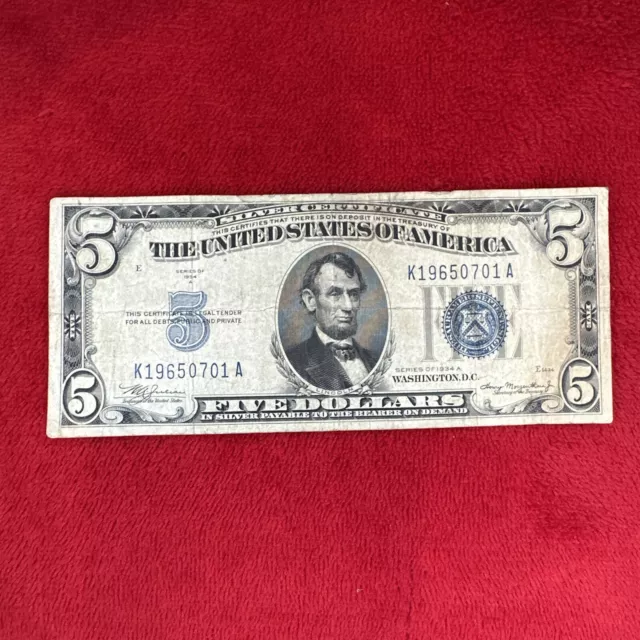 1934 A - 5 Dollar Blue Seal Silver Certificate United States Note - 2353