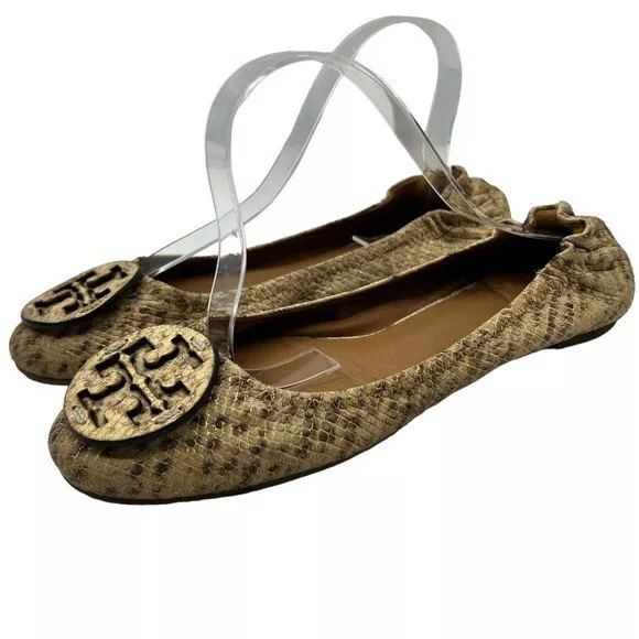 Tory Burch Flats Reva Ballet Brown Snake Leather Slip On Designer Womens Size 8