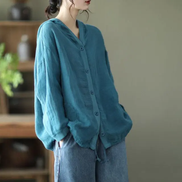 Cotton Linen Retro Top Loose Fit Hooded Long Sleeve Button Cardigan Shirt Blouse