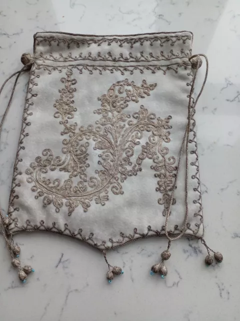Antique 19th century Embroidered  Ottoman gold thread blue silk lining bag 3