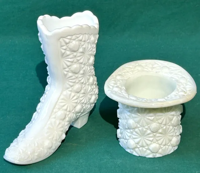 Fenton Boot & Top Hat Milk Glass Daisy and Button Slipper Shoe High Top 60’s Vtg