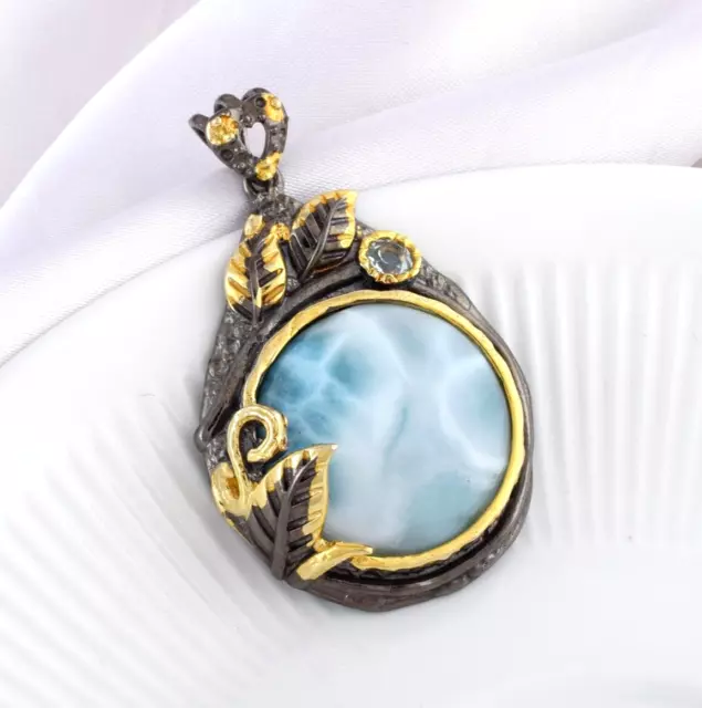 Caribbean Larimar Gemstone 925 Sterling Silver Handmade Vintage Pendant Necklace