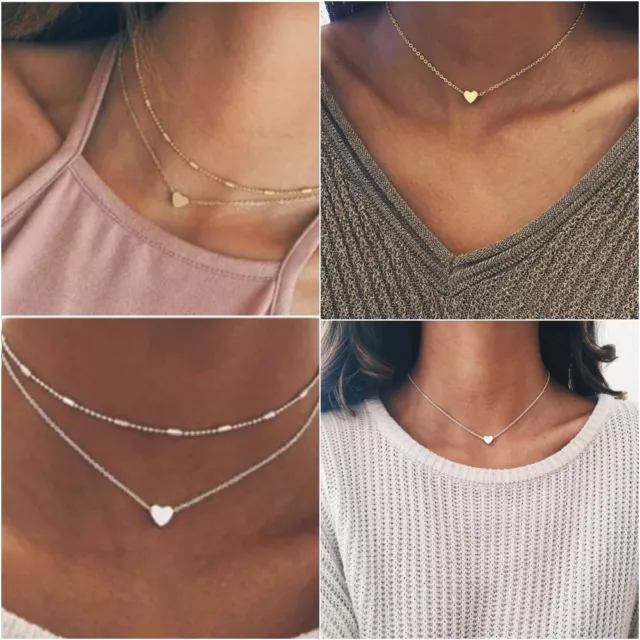 Womens Heart Necklace Chain Choker Beaded Silver Gold Pendant Long Necklaces