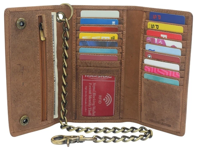 RFID Blocking Mens Biker Vintage Tan Genuine Leather Long Trifold Chain Wallet