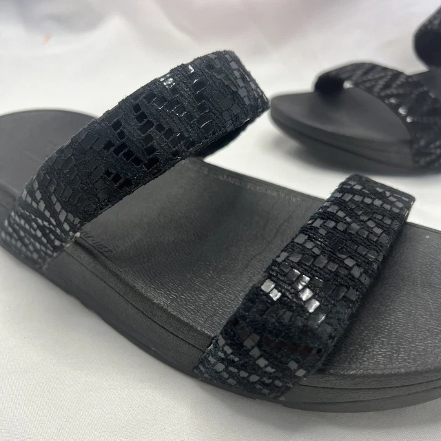FitFlop Womens Sz 7 Lottie Chevron Suede Slide Comfortable Sandals All Black 2