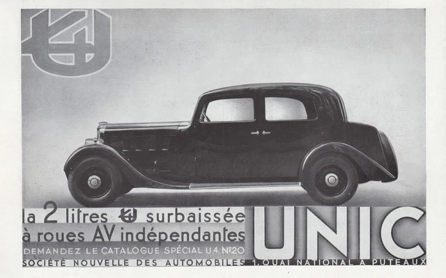 PUBLICITE   UNIC LA 2 LITRES SURBAISSEE  AUTOMOBILE   CAR   AD  1934 -8 h