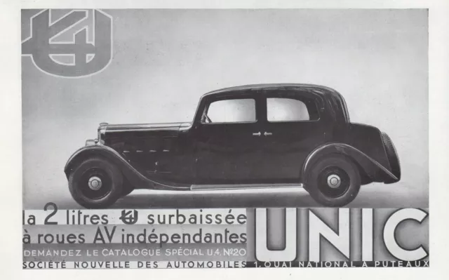 Publicite   Unic La 2 Litres Surbaissee  Automobile   Car   Ad  1934 -1H