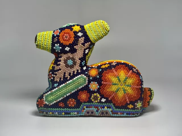Native Huichol Mexican Carved Beaded Wood Llama Sculpture Signed