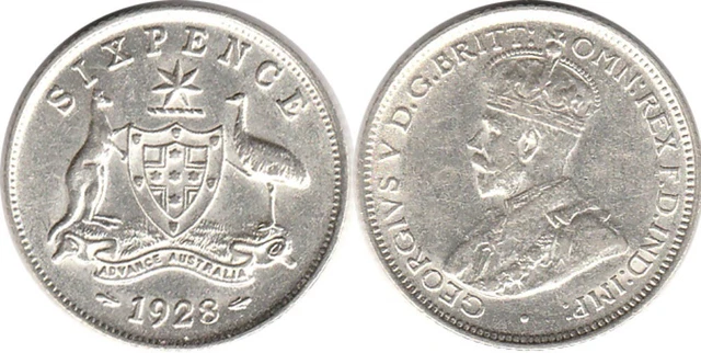 Australia: 1928 Six Pence KGV silver 6d.  aEF/EF