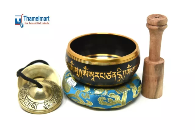 4" Tibetan Meditation Yoga Singing Bowl Set with Mallet, Cushion Tingsha cymbals