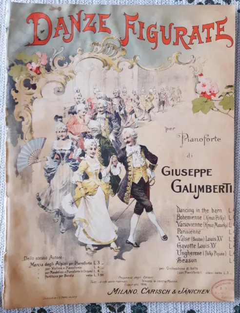 1896 Raro Spartito Danze Figurate Per Pianoforte Di Giuseppe Galimberti Carisch