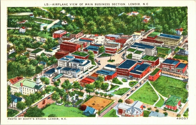 Airplane View Main Business Section Lenoir NC Postcard Linen Aeriel View Linen