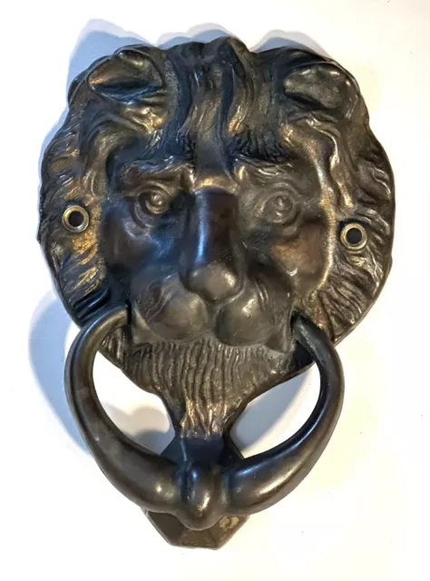 Original Antique Brass Lion Door Knocker Old Patina 6”H X 4.25”W VG condition