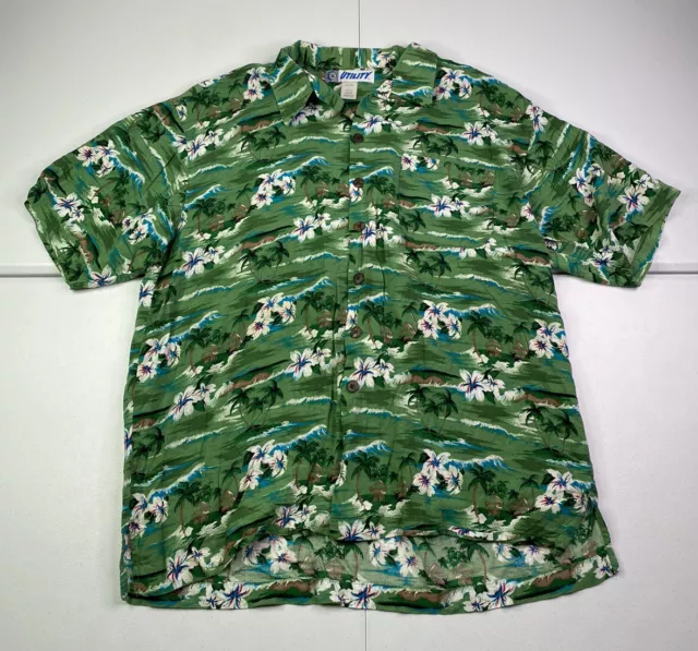 Vtg 80s 90s Utility Mens Green Hawaiin Shirt Palm Trees Aloha Rayon Magnum PI L
