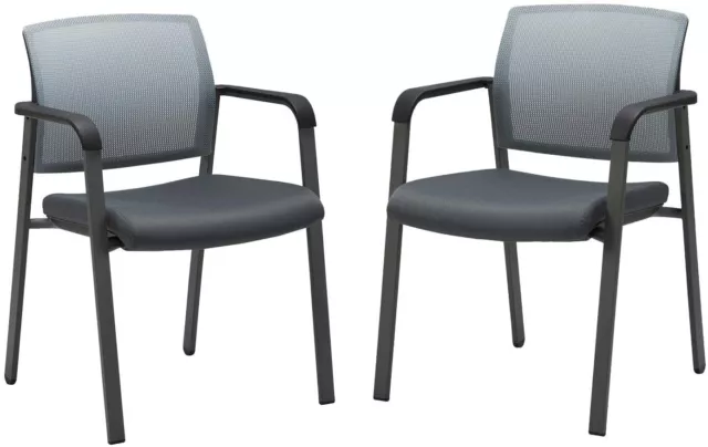 Set of 2 Mesh Back Stacking Arm Chairs Upholstered Fabric Seat Guest Reception