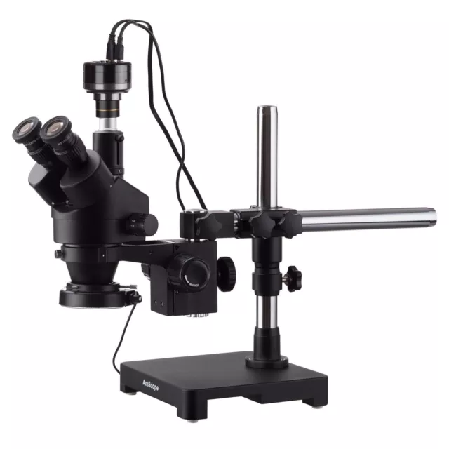 AmScope 7X-90X Trinocular Stereo Zoom Microscope Boom + 144-LED + HD Camera