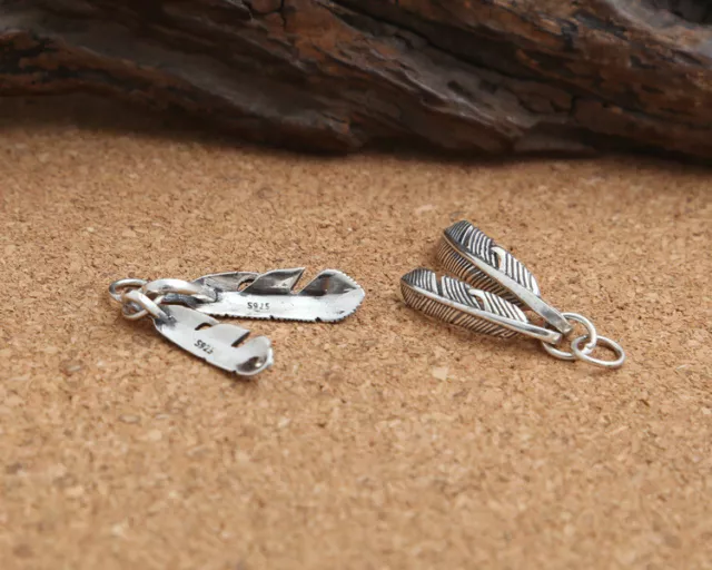 925 Sterling Silver Double Feather Charm Bracelet Necklace Pendant DIY