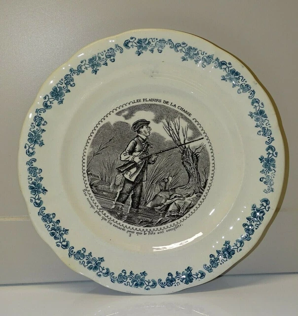 *Ancienne Assiette A Dessert Ceramique Longwy Les Plaisirs De La Chasse Vitrine