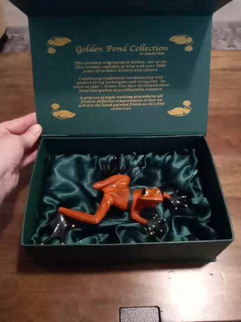 Fine Ceramic Frog Figurine Golden Pond Collection Orange  w/ 22k Gold accents