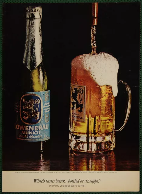 Lowenbrau Beer Munich Bottle or Draught Tap Vintage Print Ad 1966