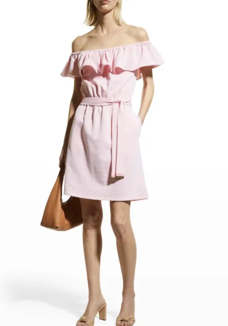 Michael Michael Kors Ruffled Off-Shoulder Mini Dress, Grapefruit, M, MSRP $140