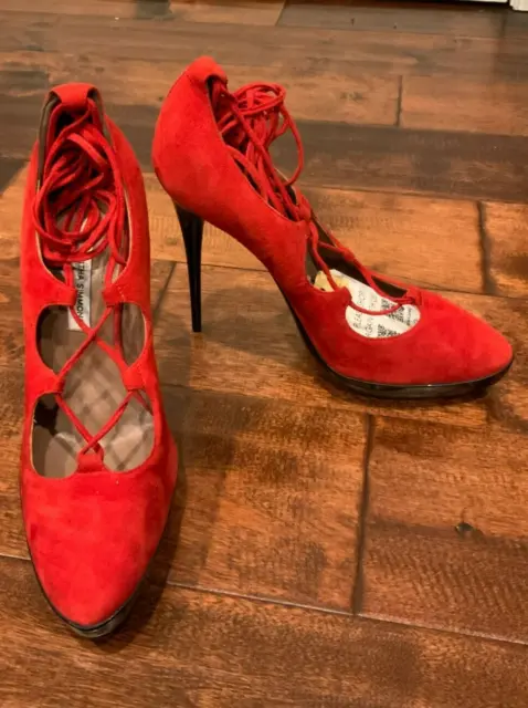 Tabitha Simmons Red Suede Lace-Up Pumps Heels, Size 7.5 (US) 37.5 (IT)