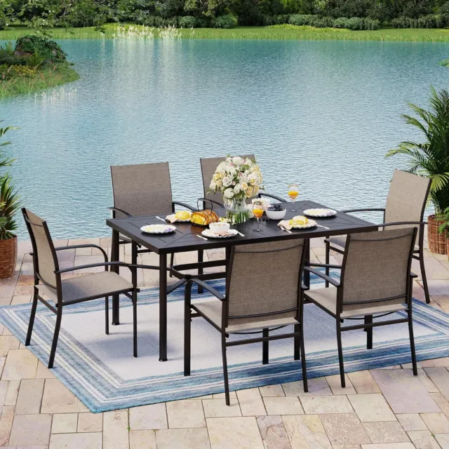 PHI VILLA 7-PCS Outdoor Patio Dining Set Metal Table with Umbrella Hole 6 Chairs 2