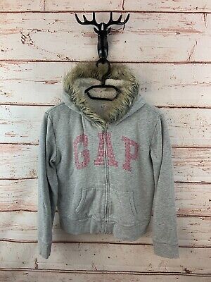 Gap Girls Hoodie XXL 14-16 Years Grey Cropped Fleece Lined Spellout Logo Zip