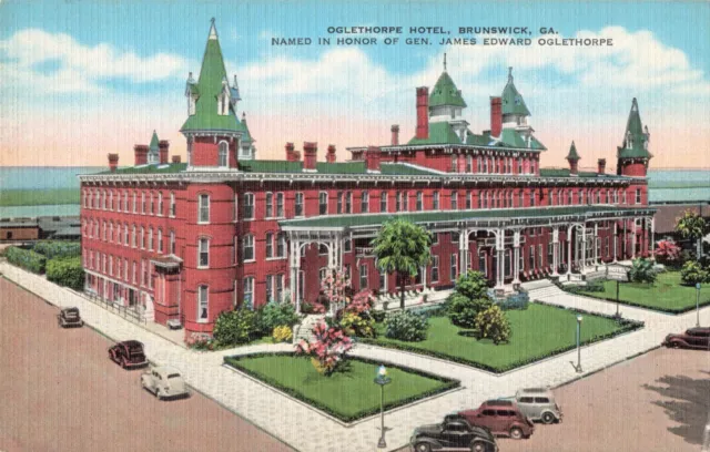 Brunswick GA Georgia, Oglethorpe Hotel, Old Cars, Vintage Postcard