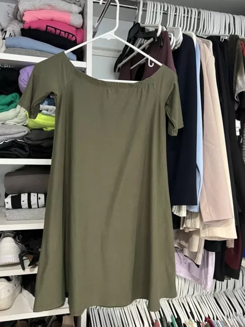 Planet Gold Green Short Sleeve Off Shoulder Mini Fit & Flare Dress Juniors Sz XS