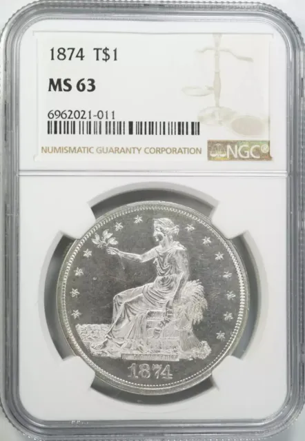 1874 Trade Silver Dollar T$1 Ngc Certified Ms 63 Mint State Unc (011)