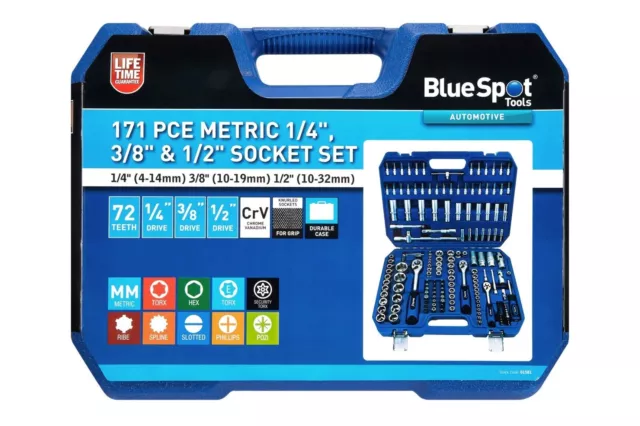 BLUE SPOT TOOLS 171 PCE METRIC 1/4", 3/8" & 1/2" SOCKET SET 4mm to 32mm 01581