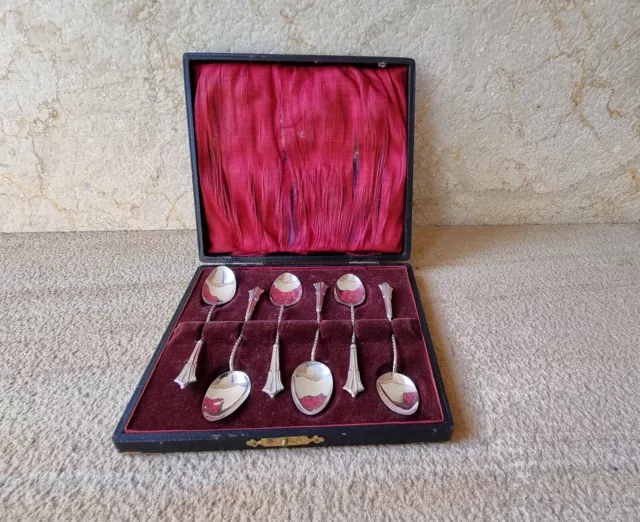 Rare Antique Cased Edwardian Teaspoon Set 6 Sterling Silver AJ Bailey 1912 B'Ham