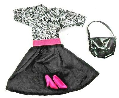 Vintage Barbie Clone Party Dress Black/Silver Pink Waistband Heels Bag