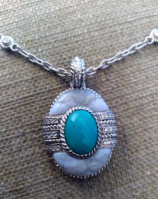 Judith Ripka Sterling Turquoise Silver Blue Lace Agate Pendant 18" CZ Necklace