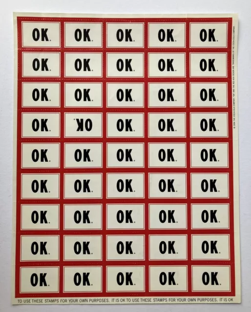 COKE OK Soda sticker stamp sheet 1994 excellent condition 8.5" x 11" RARE promo