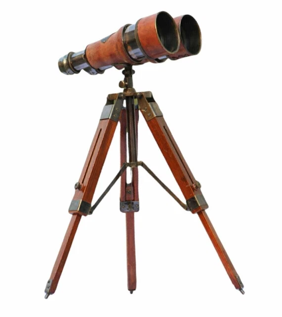 Nautical  Antique Brass Binocular Marine Desk Telescope With Wooden Tripod Stand