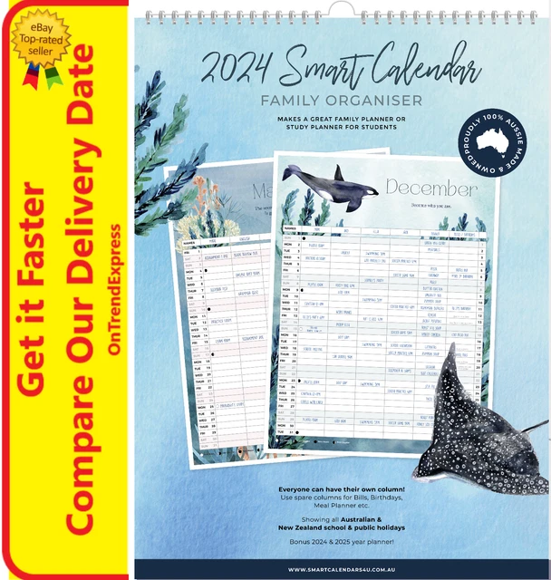 2024 SMART CALENDAR Ocean Life Family Organiser Spiral A3 Wall Calendar