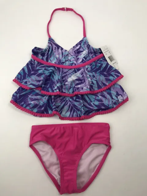 Jantzen Girls 5 Tropicana Pompom Tankini 2 Pc Swimsuit Foliage UPF 50+ New $38