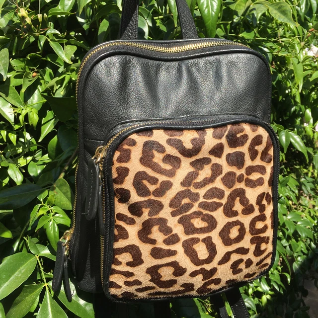 MARGOT BLACK LEATHER small BACKPACK with Leopard Calf Hair  display picture 3